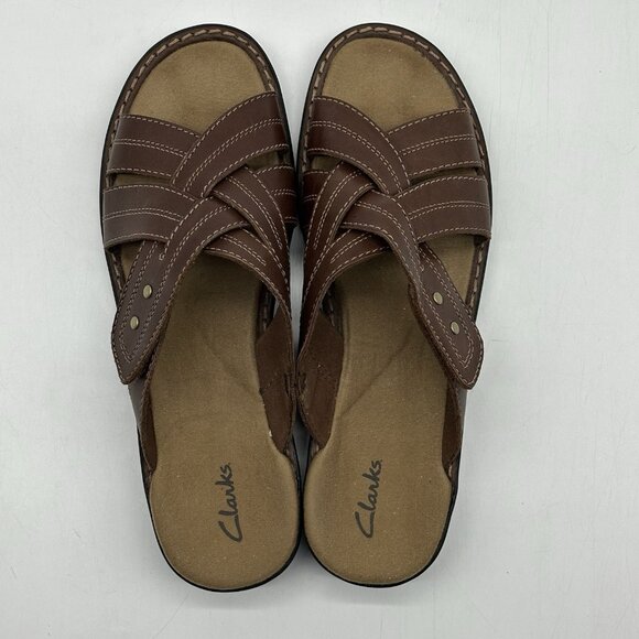 Clarks Brown Leather Woven Criss-Cross Strap Slip-On Sandals Women's Size 10M - Picture 6 of 10